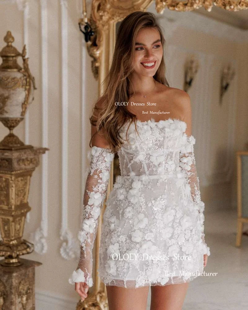 OLOEY-vestidos de casamento completos com espartilho sem alças, mini vestidos com flores 3D, noiva do jardim traseiro, vestido de baile, luvas curtas, 2024