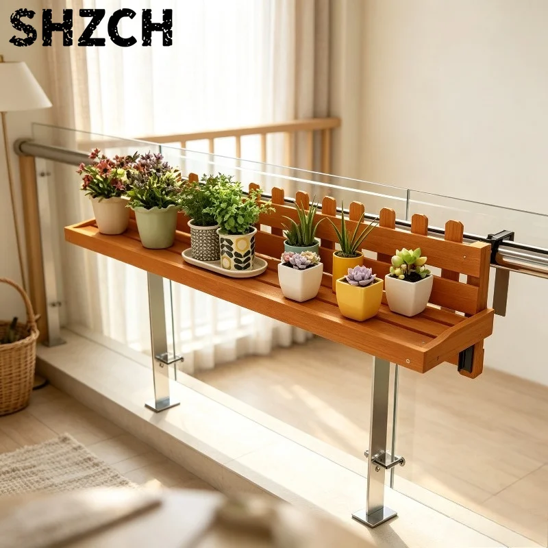 Wooden Balcony Railing Plant Shelf, Hanging Flower Pot Holder Rack Stand for Outdoor Patio, Durable Succulent Display Organizer.