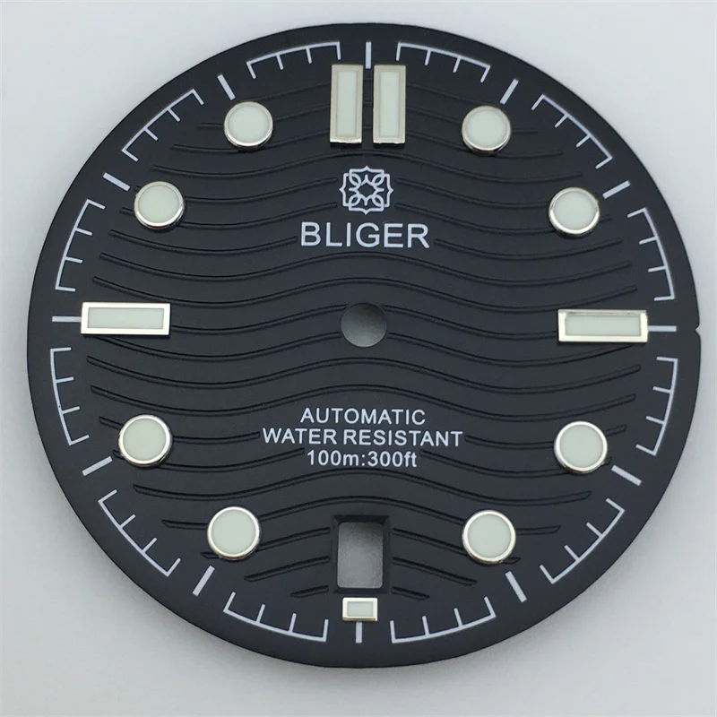 BLIGER 31mm Wrist watch dial Black Blue white Green dial green luminous suitable for NH35 movement 6 o 'clock date