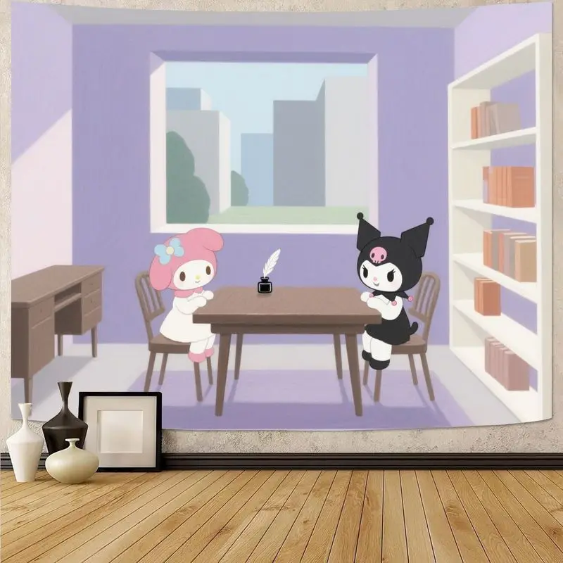 

1PC Sanrio My Melody Kuromi Kawaii Purple Study Tapestry Modern Polyester Wall Art Living Room Bedroom Decor Gift