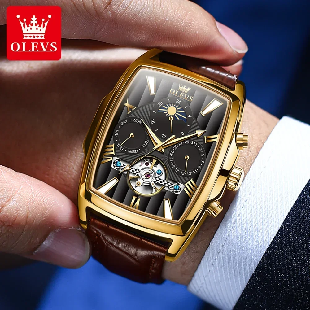 OLEVS Automatic Mechanical Men\'s Watch Original Leather Strap Date Square Dial Waterproof Luminous  Wristwatch Relogio Masculino