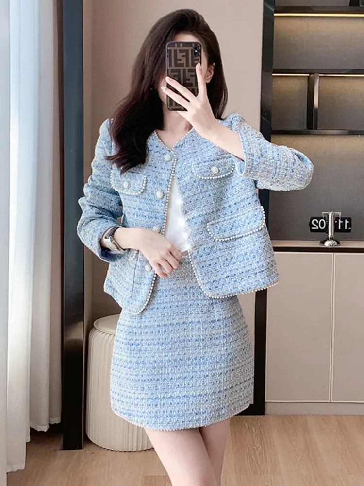 High Quality Winter French Small Fragrance Tweed Two Piece Set Women Jacket Coat + Skirt Suits Luxury Beading 2 Piece Outfits