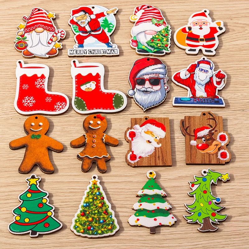 Tusember 10 Stück Weihnachtsanhänger aus Holz, Weihnachtsbaum, Weihnachtsmann, Zwerg, Schneemann, Anhänger für Schmuckherstellung, Ohrringe, Halsketten, DIY – Detail 2