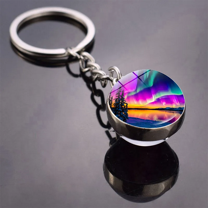 Northern Lights Keychain Fashion Luminous Aurora Double-Sided Glass Ball Car Handbag Pendant Keychain Astronomy Lover Gift