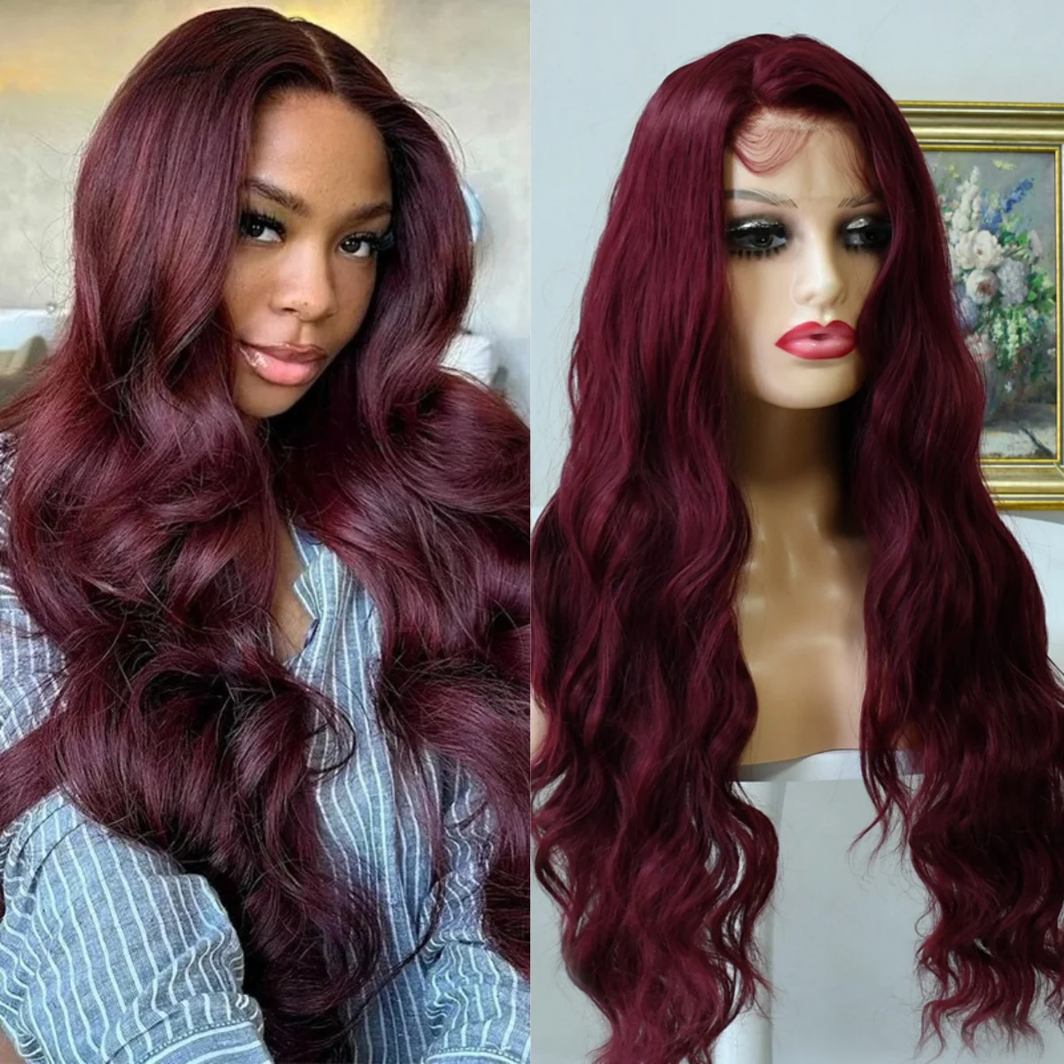 

32 Inches Hd Lace Wig Body Wave Lace Front Wigs 13X4 Burgundy 99J Lace Frontal Wigs Pre Plucked Black Women Synthetic Daily Wear