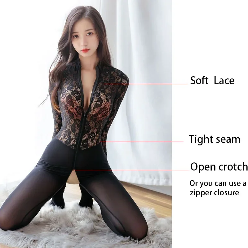 New Open Crotch Bodysuit Transparent Lace Tops Women Sexy Lingerie Crotchless Bodystocking Porn Costume Glossy Jumpsuit Sex Set