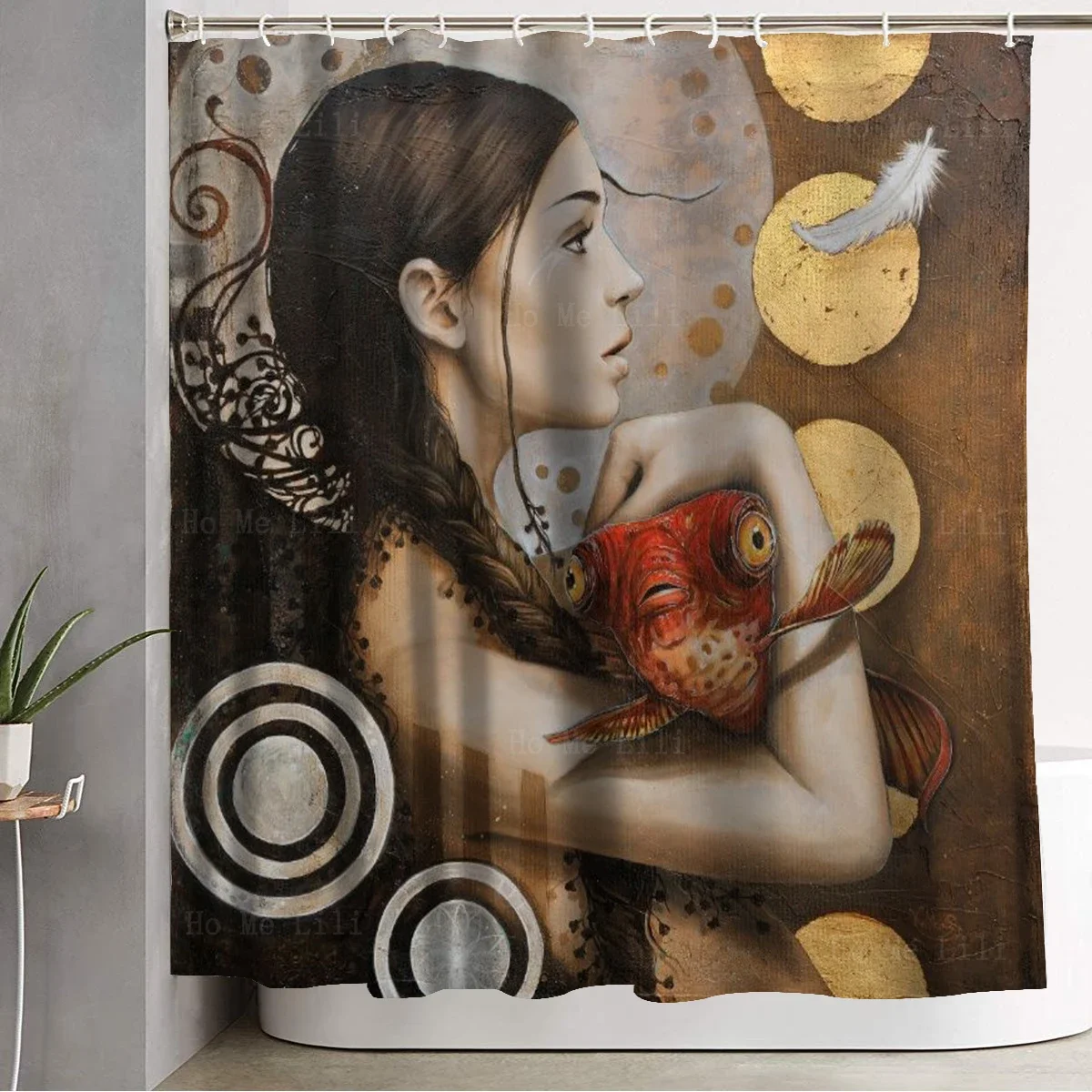 Magic Realism Fantasy Woman Holding Fish Girl And Horse Embraced Female With Animal Theme Bathroom Decor Shower Curtain