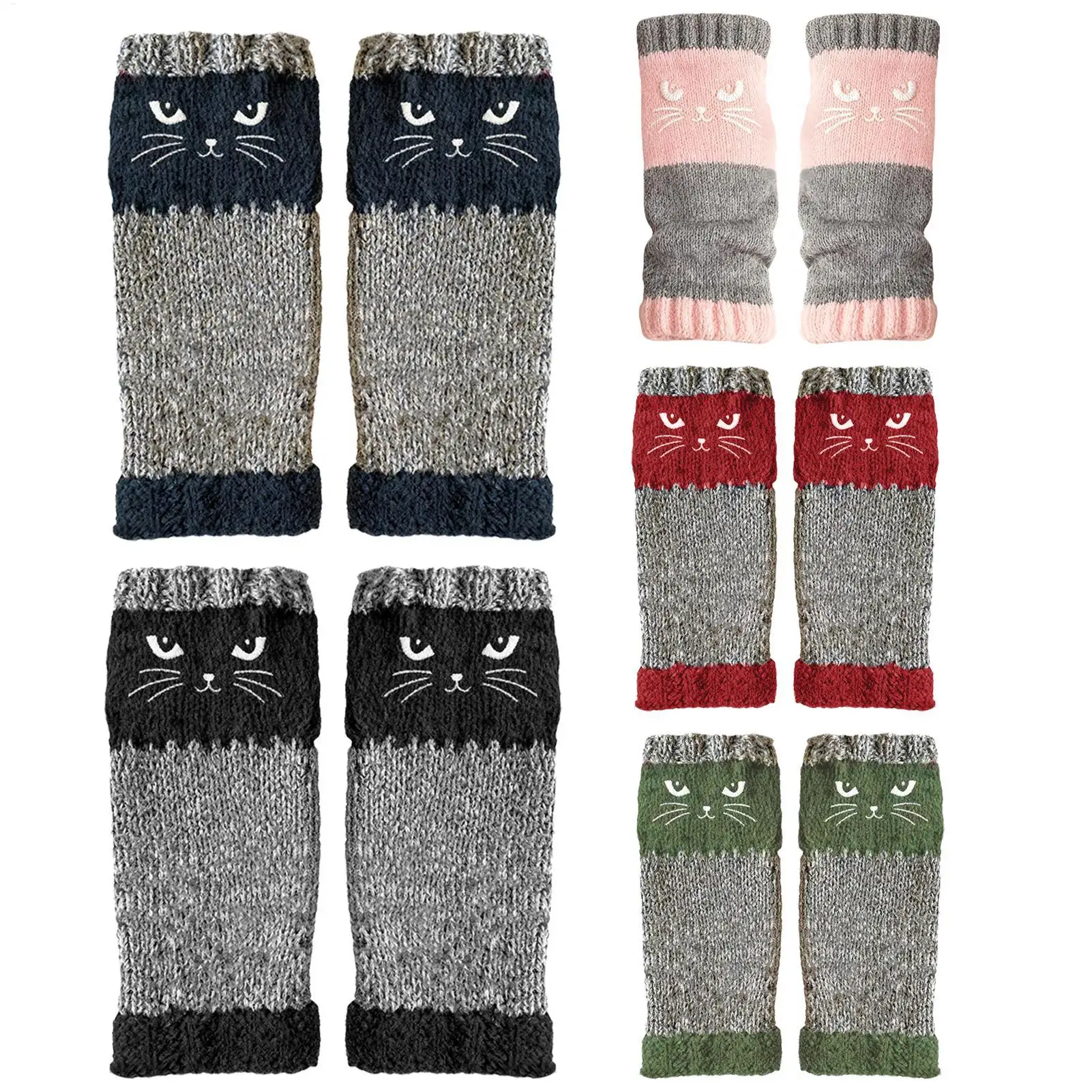

Knit Fingerless Gloves Cat Embroidery Outdoor Warming Supplies Warm Open Finger Gloves for Cat Lovers Women Girls Ladies Mothers