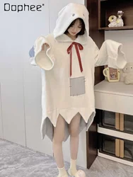 Ghost Nightgown Hooded Flannel Long Flare Sleeve Loose Irregular Hem Mid Length Home Clothes Cosplay Cute White Pajama Party