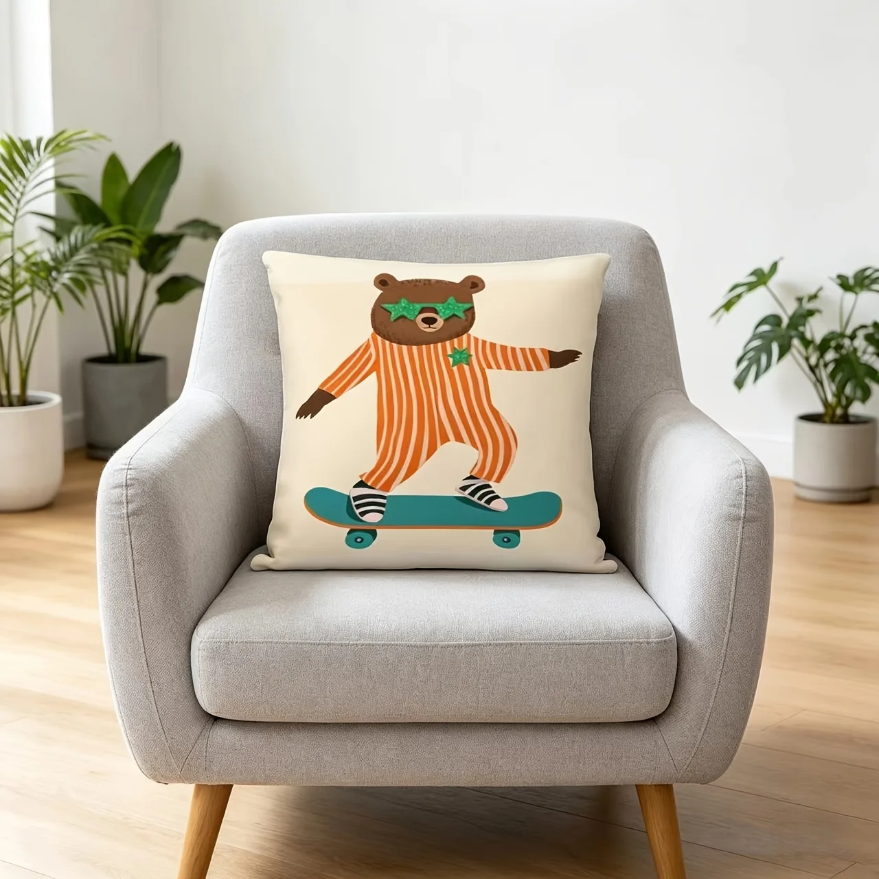 2D Flat Print, 1pc Pillowcase, Starry Sky Pattern with a Bear Wearing Striped Clothing and Riding a Skateboard, Suitable for Courtyards, Sofas, and Living Rooms. Pillow Insert Not Included, 2D Flat