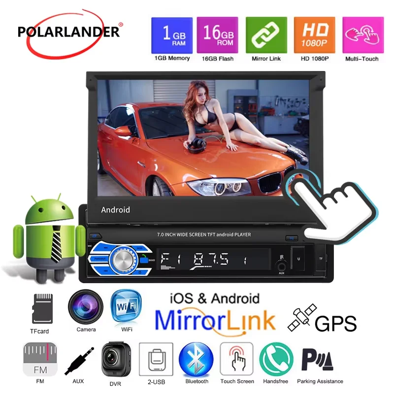 9706 7-inch Android MP5: Single Spindle with Telescopic Screen, 2-USB, BT, GPS, WIFI & IOS/Android Interconnection