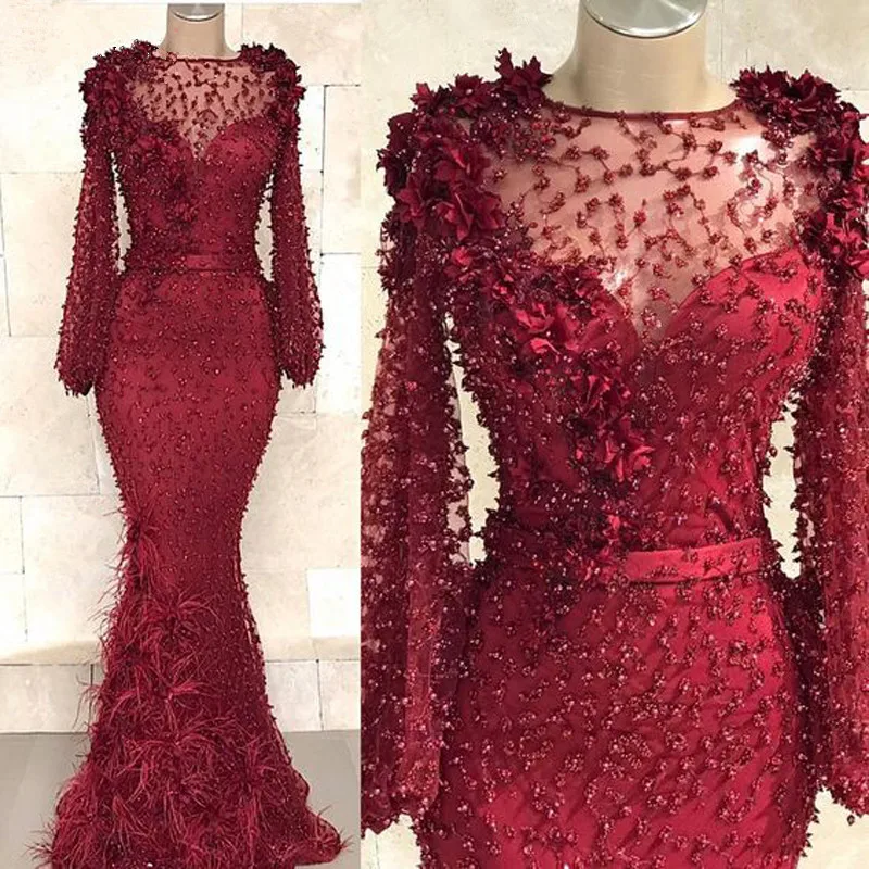 

Fashion Beaded Mermaid Evening Dress Long Sleeve Feather prom Dress Decal Wedding Formal Banquet Dress Large Customization