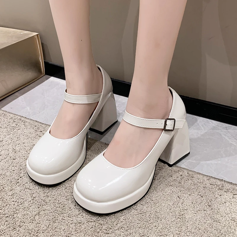 Black Beige Mary Janes shoes Women Platforms Pumps Fashion Pu Leather High Heels Women Elegant Ankle Buckle Party Wedding Shoes