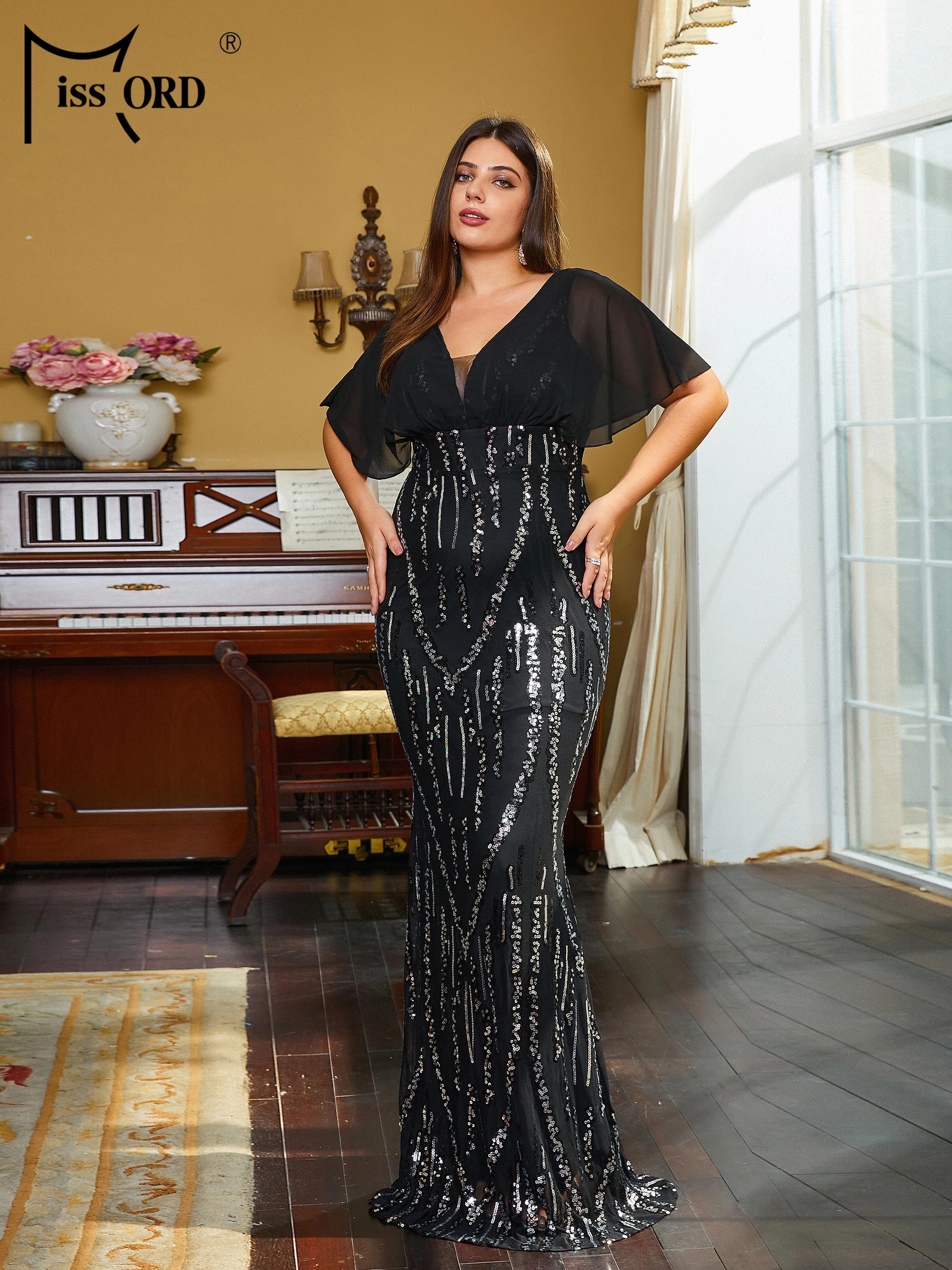 Missord-vestido con cuello en V de talla grande para mujer, vestido de fiesta de noche de sirena con lentejuelas negras, 2023