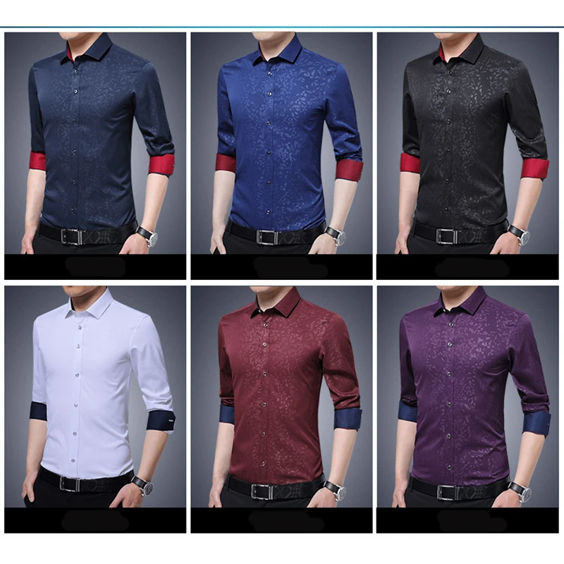 TFETTERS Newest Plus Size Male Social Shirt Long Sleeved Non-iron Men Flower Shirt Men's Shirt Business Imported-china