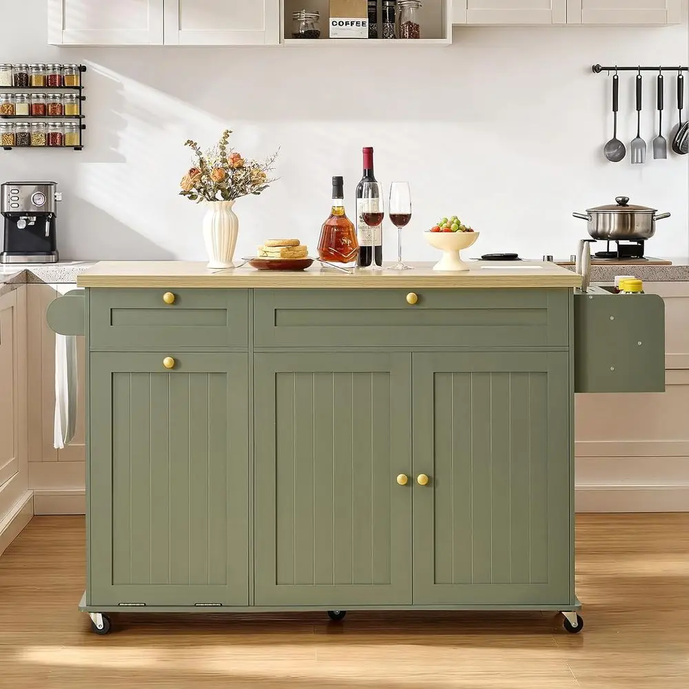 Green Rolling Kitchen Island with Storage, Trash Bin, Drop Leaf, Power Outlet, Spice Rack, Towel Bar, and Knife Holder