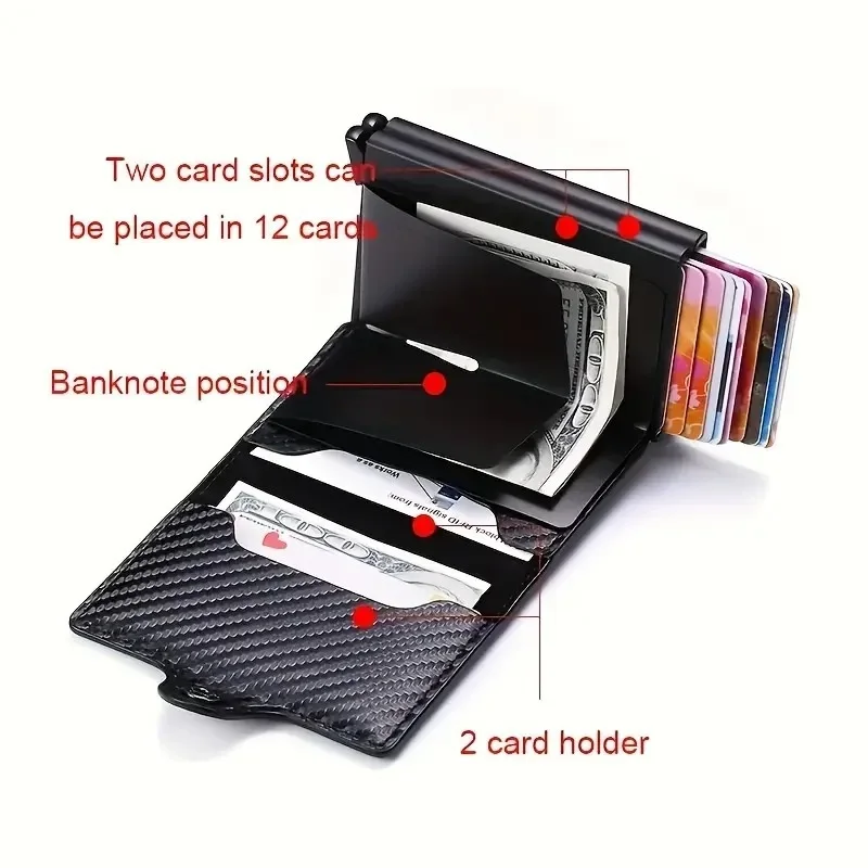 RFID Aluminium Doppel deck Schnalle Männer Karten halter kleine Karte Brieftaschen Kohle faser Leder schlanke Mini Brieftasche Qualität männliche Geldbörsen – Detail 3