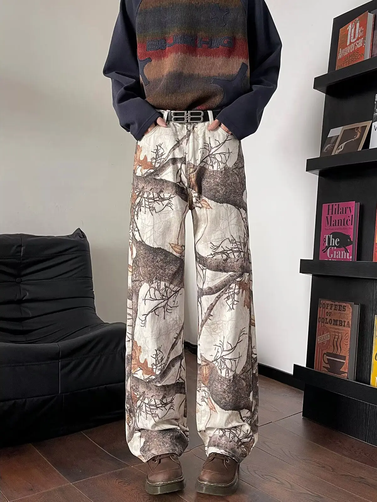 Retro Graffiti Branch Camouflage Jeans Men's Straight Loose High Street Wide Leg Pants American Casual Cool Style Spring Autumn