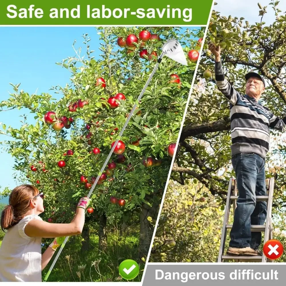 Stainless Steel Fruit Picker Machine High Tree Telescopic Orchard Tools Harvesting with Basket Stainless Steel Splicing Rod
