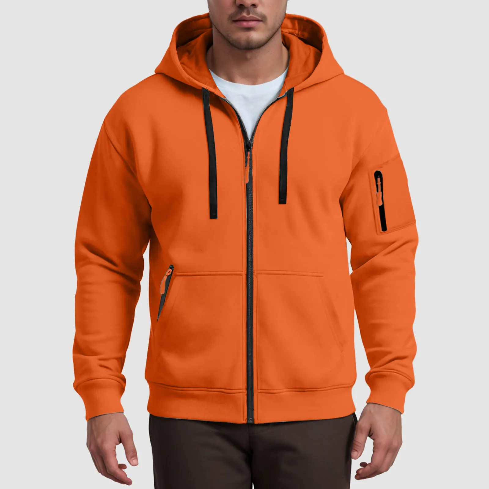 Men's Hoodies Solid Color Loose Zip Up Jacket Arm Zipper Pocket Hoodies Sand Hoodie Men