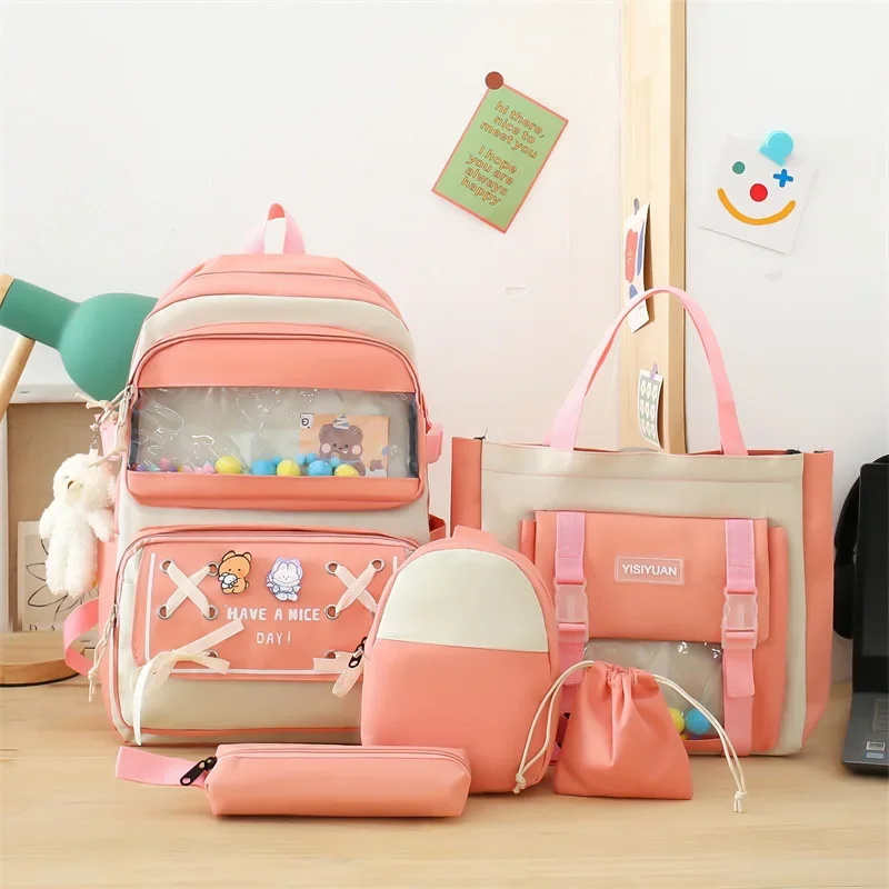 5pc/set Multi Pocket Students Backpack Children Teenager School Backpack for Girl Canvas Women Shoulder Book Bag Laptop Rucksack