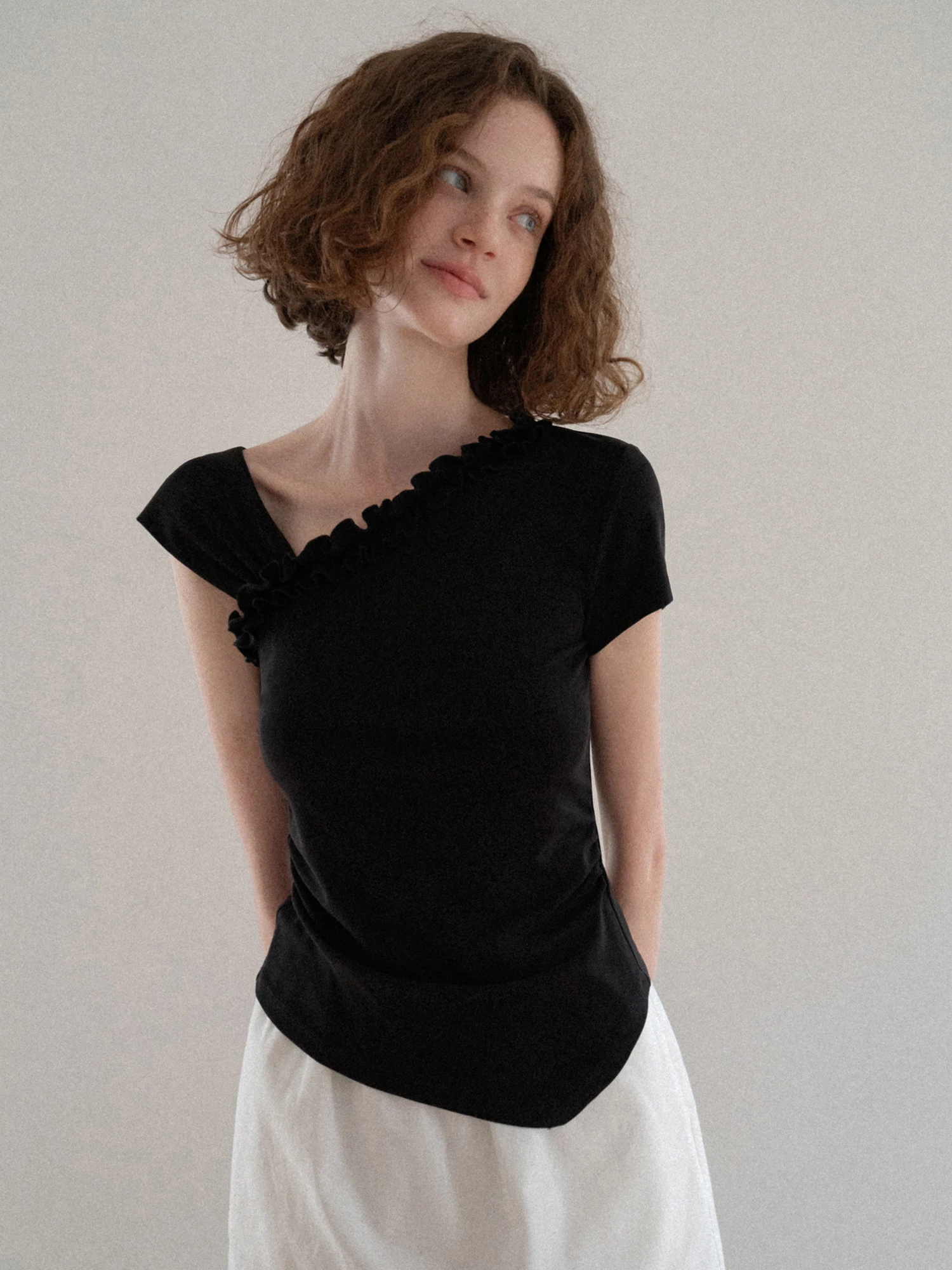 Eggka Black Slim Fit Short Sleeve T-Shirt Women's Summer Casual Style High Waist Design Wooden  Shoulder Bows Cotton Top