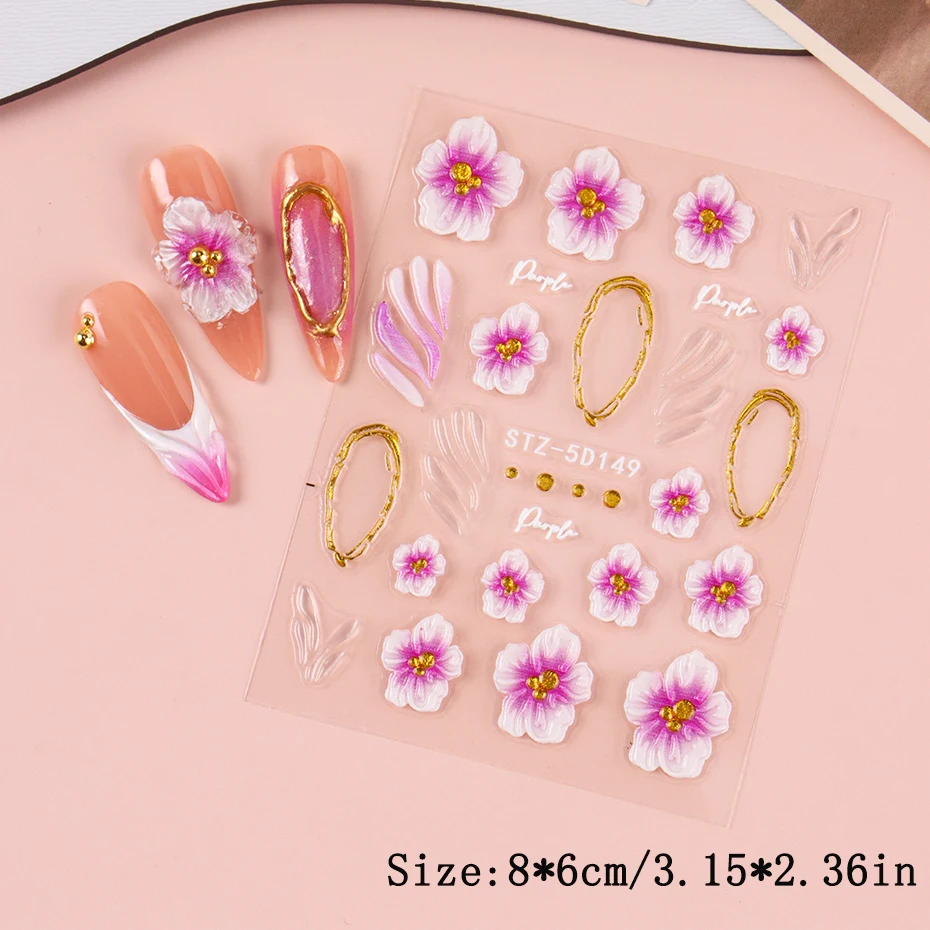 2 uds 5D en relieve Hada orquídea hibisco pegatina artística de uñas gradiente púrpura concha francesa DIY calcomanías deslizadores decoración de manicura puntas