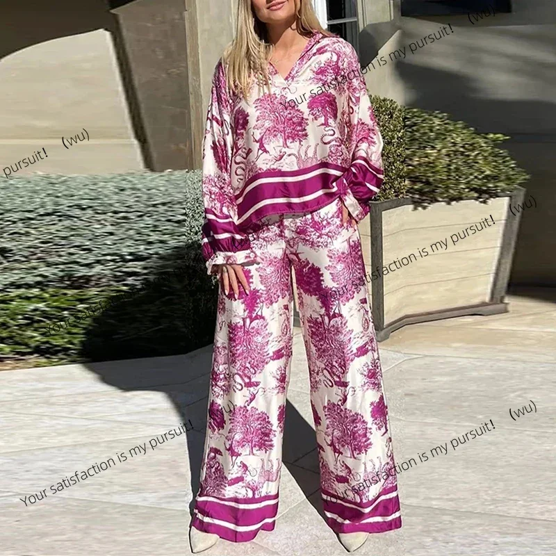 

Retro sexy dress, V-neck top with trousers, summer 2024 short-sleeved model, loose horn sleeves, ethnic print dress