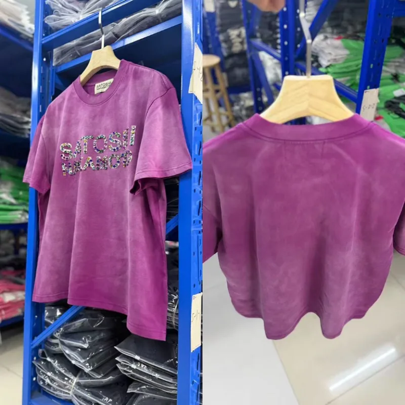 New SATOSHI NAKAMOTO Bling Rhinestone Letter T‑Shirt Vintage Washed Finish Unisex Hip‑Hop Oversized Streetwear Tee