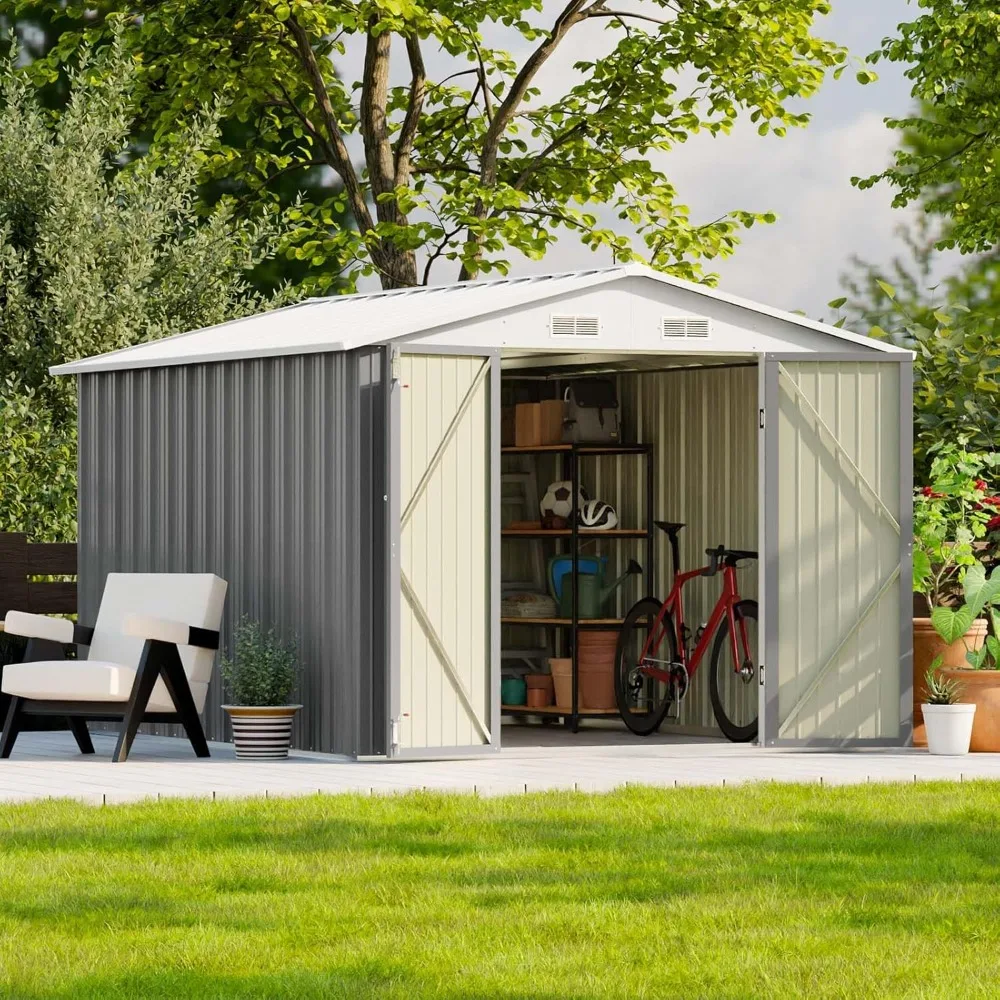 8x10 FT Outdoor Storage Shed, Large Garden Tool Metal Shed with Sloping Roof and Double Lockable Door, Outdoor Sheds