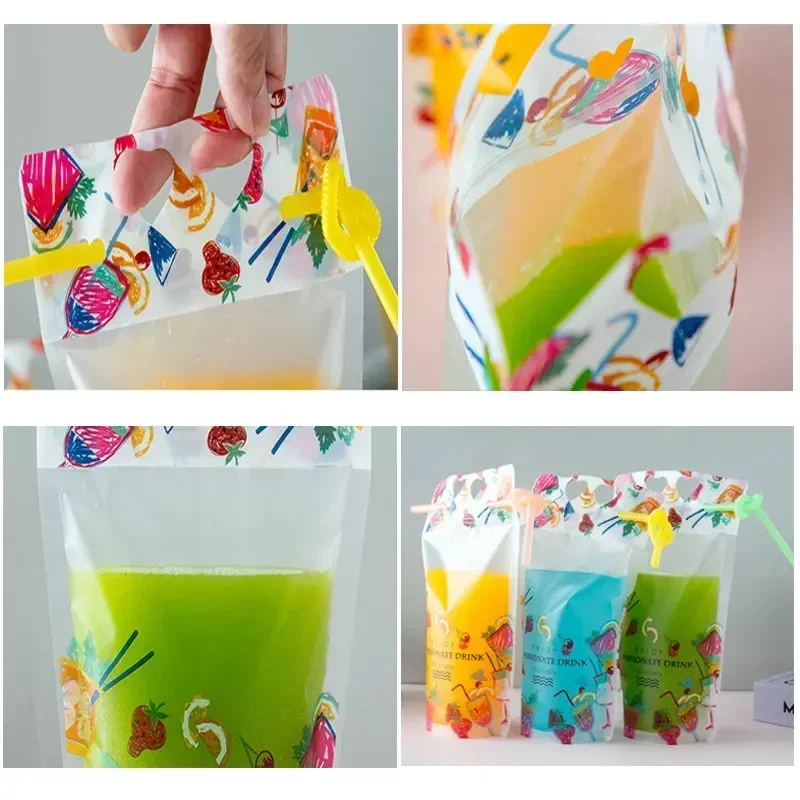 100pcs Disposable Beverage Bags Portable Printing Straw Self-supporting Bag Zipper Beverage Milk Tea Takeout Seal Packaging Bag