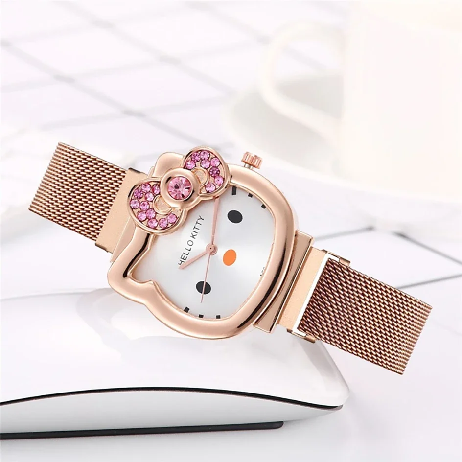 Miniso Anime dibujos animados Sanrio Hello Kitty diamante arco estudiantes reloj niñas encantadoras correa de acero inoxidable imán correa reloj regalos