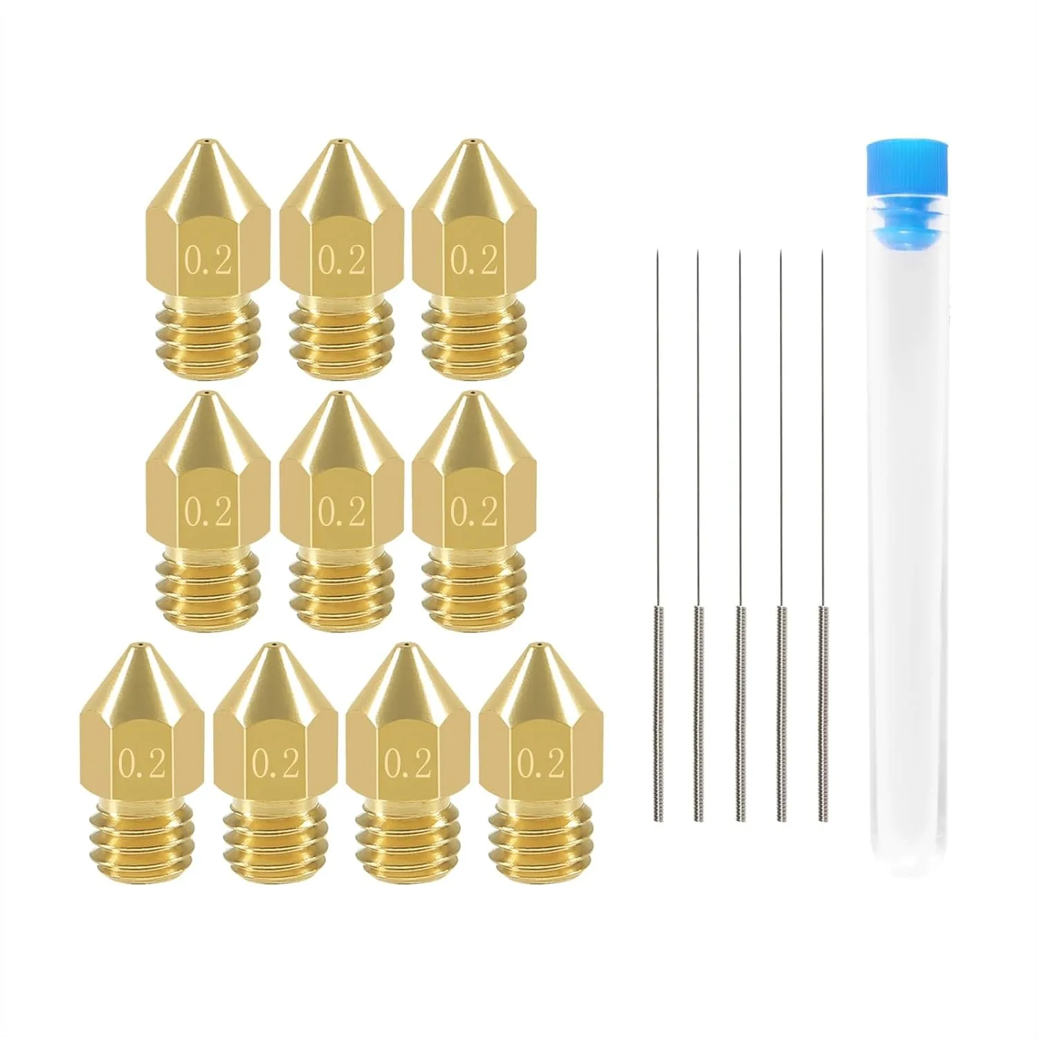 

10 Pcs 0.2mm 3D Printer Nozzles MK8 Extruder with 5 Cleaning Needles, M6 Thread, 1.75mm Filament for Ender 3/5 CR-10 Prusa Anet