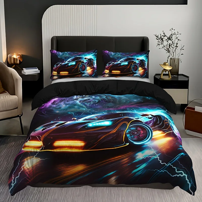 Racing Car Duvet Cover Set Queen Size For Boys, Lightning Wolf Bedding Set For Room Decor, 3 Pieces Speed Car Comforter Covers