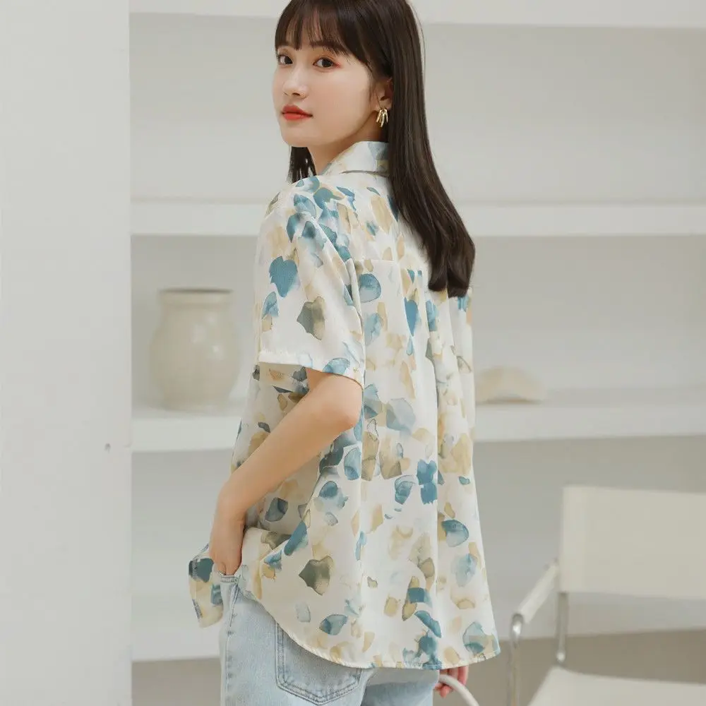 Chemise à manches courtes en mousseline de soie pour femmes, ample et décontractée, Style de vacances, imprimé rétro, pour les déplacements d'été