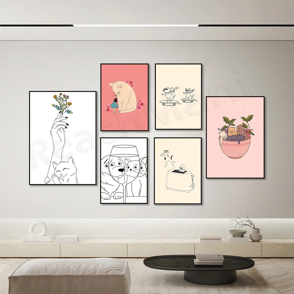 Cat and dog line art, cute pet illustrations, suitable for cat lovers, fun kitchen art, cat and plant themed posters.
