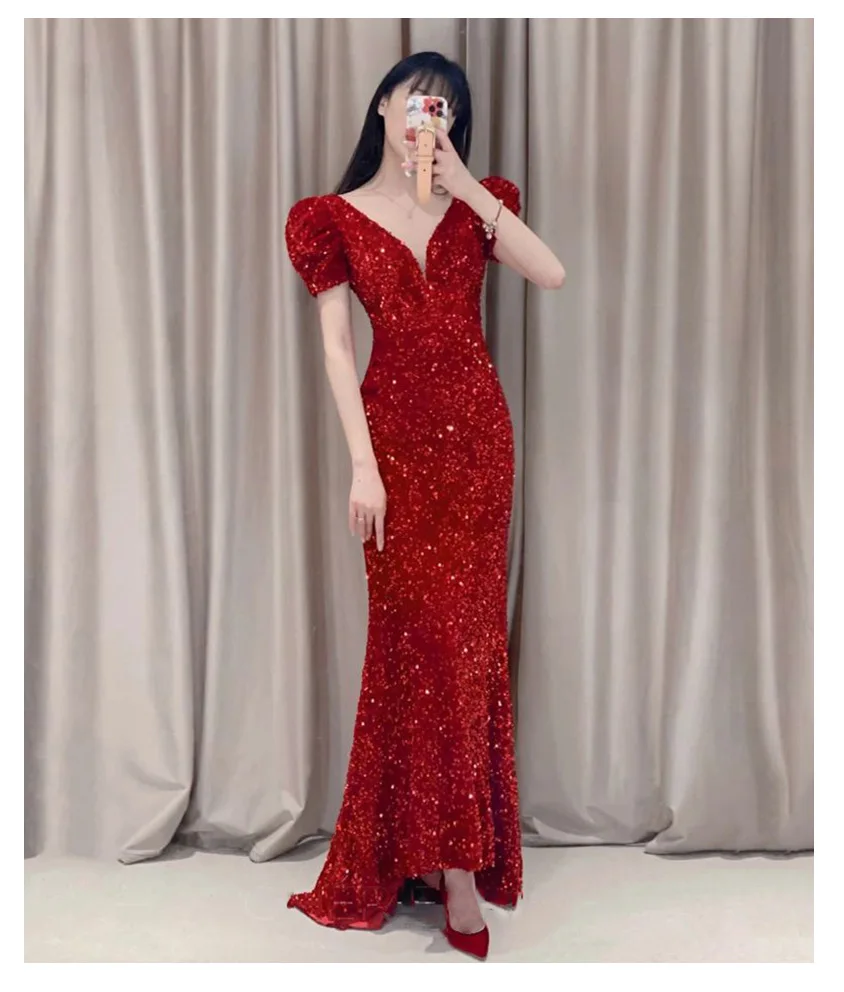 

South African Red V Neck Prom Dresses Ruched Cap Sleeve Mermaid Evening Gowns Sexy Side Split Sweep Train Formal Party Dress