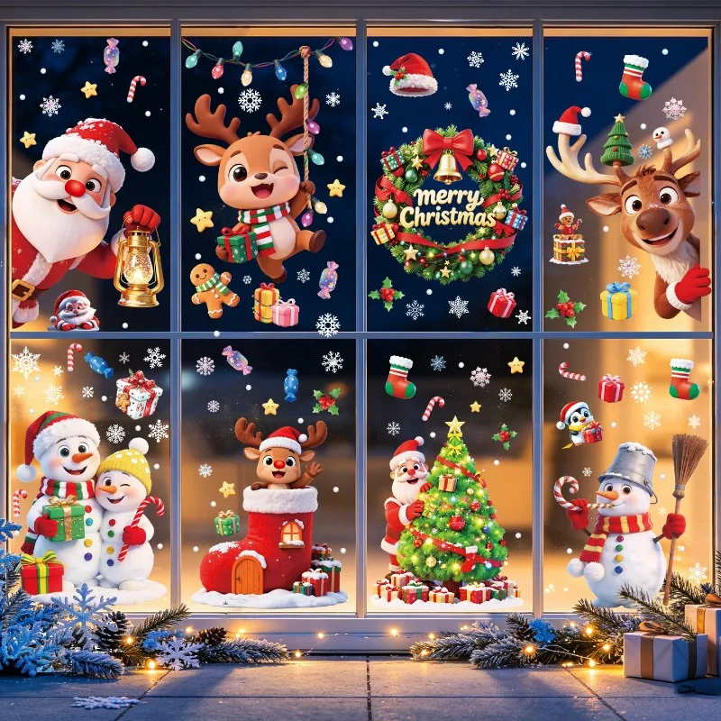 Christmas Static Window Stickers Santa Reindeer Snowman Snowflake Xmas Glass Decals Removable Christmas Home Window Decor Clings