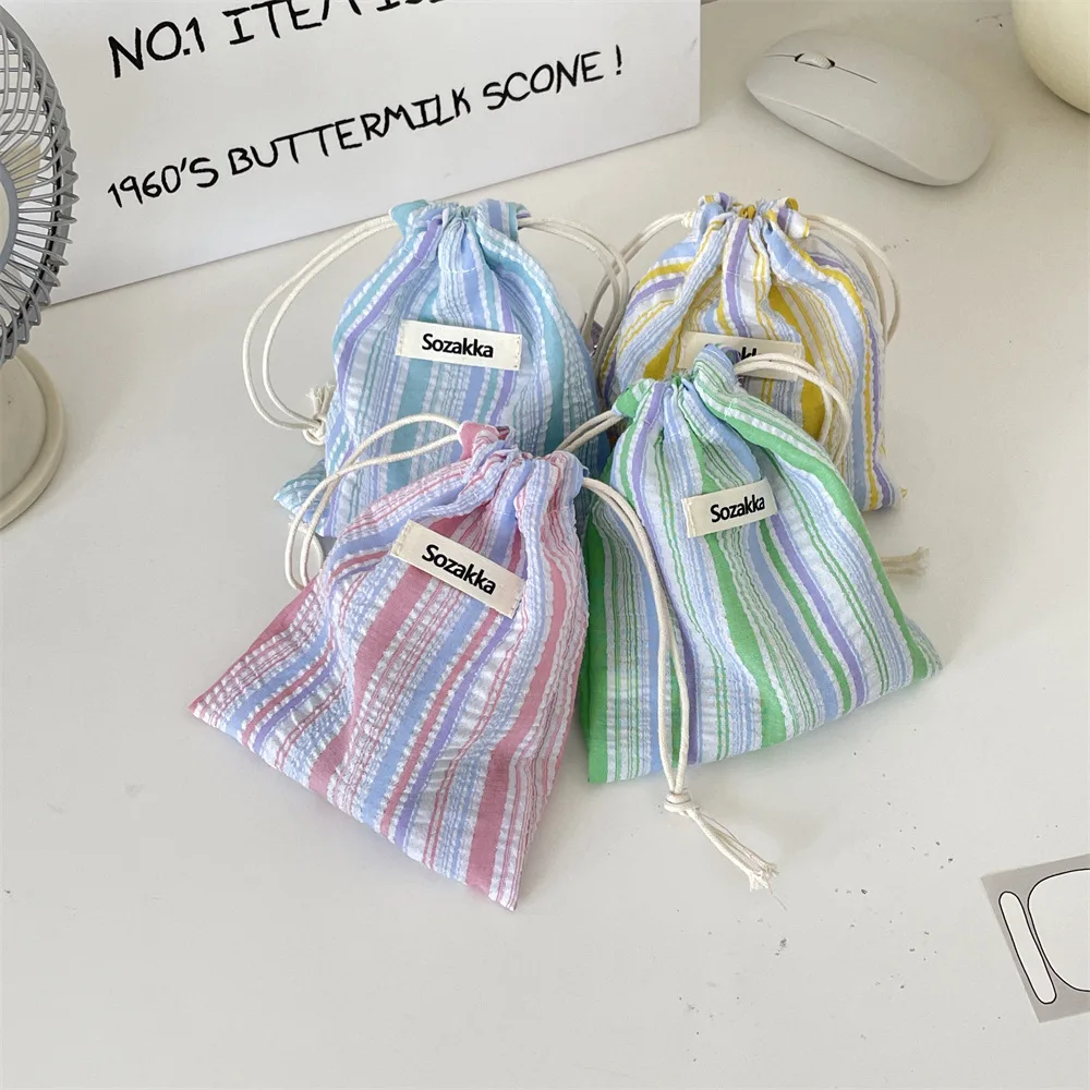 

Drawstring Pouch Storage Bags, Wrinkle Striped Makeup Cosmetic Pouch, Travel Organizer for Money Coin Washbag