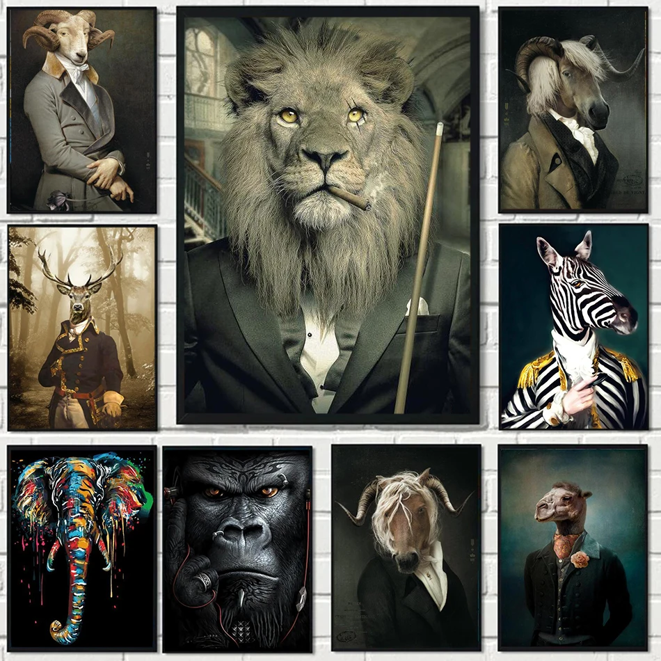 Lion In A SuitArt Canvas Print Painting Billiard Cue Gentleman Animal Wall Picture for Living Room Home Decoration Posters Gi