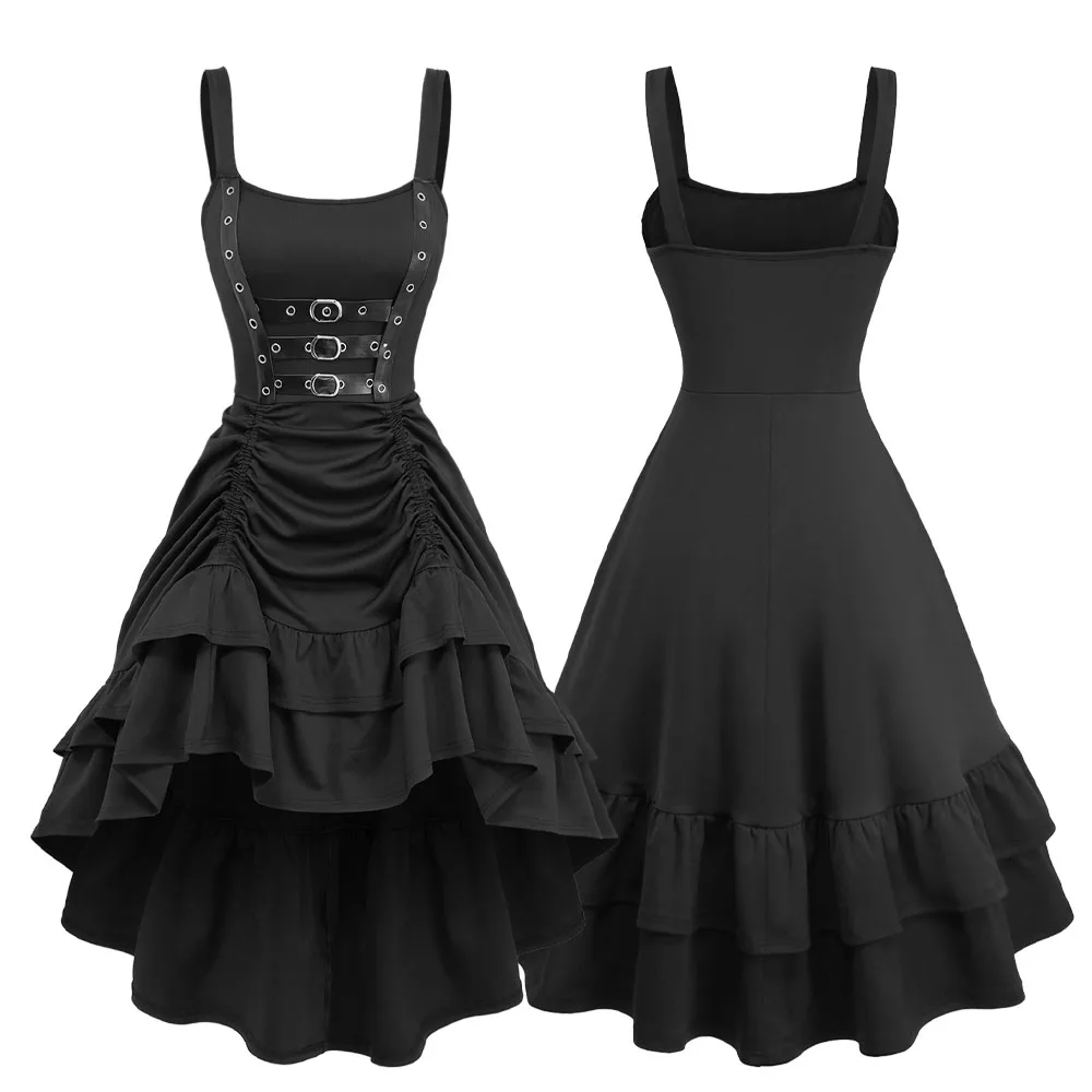 

Black Gothic Dresses PU Strap Buckle Grommet Cinched Ruched Layered High Low Asymmetric Dress Dark Asymmetrical Gown for Women