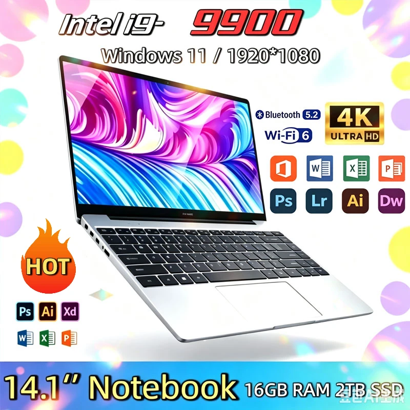 New 14.1' Laptop Intel Core I9-9900 16GB 32GB 2TB Gaming PC Ultra Slim Office Study Computer PC Windows 11 Pro 1920*1080 HD