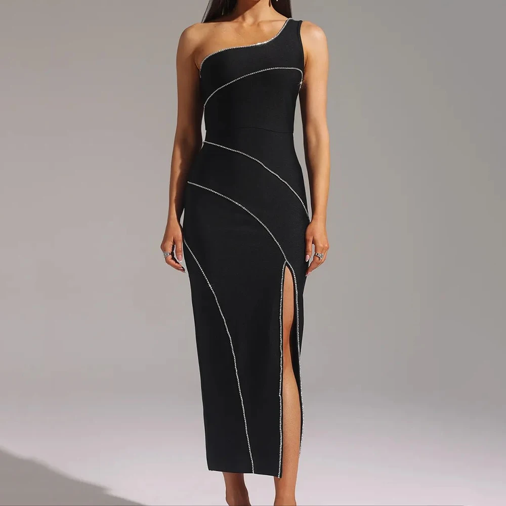 

Customized Straight Evening Dresses Tea-length One-shoulder Sleeveless Prom Gown Fashion Crystal Side-split Backless Party Gown