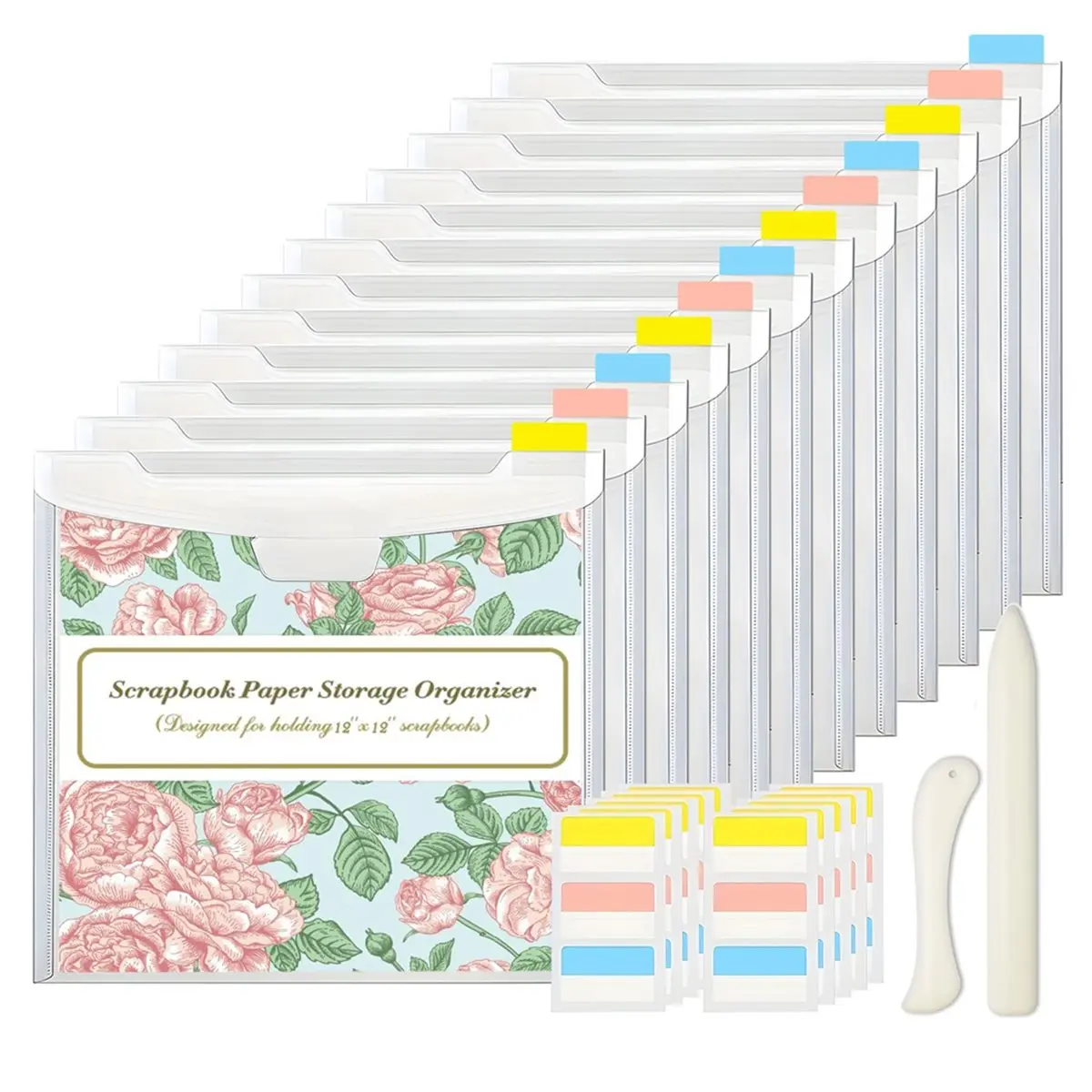 Eco-friendly Scrapbook Paper Storage - PVC Storage Bag with Adhesive Index Labels Paper Storage Organizer for Daily Management