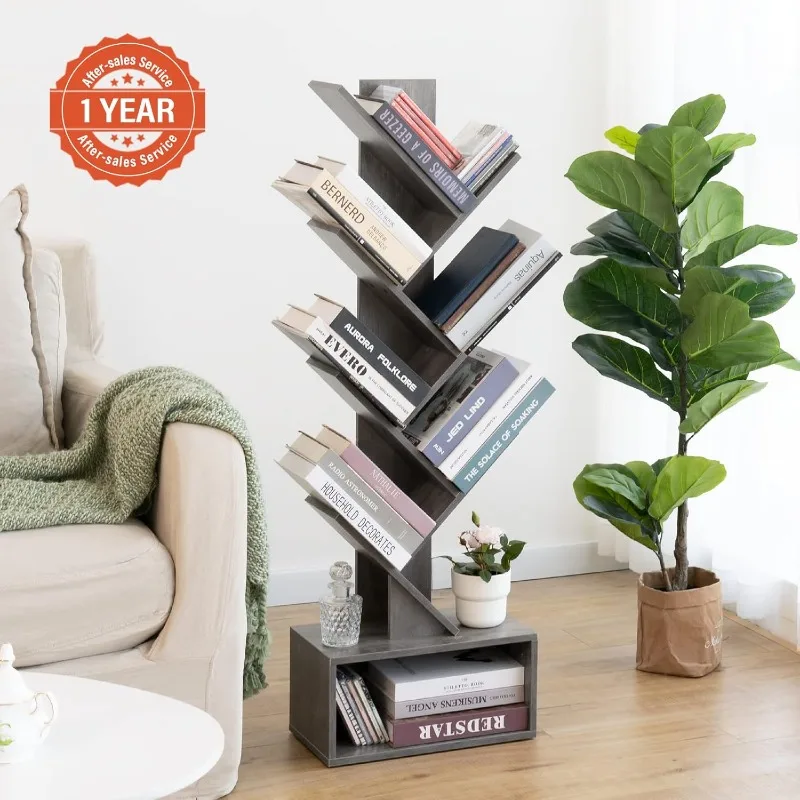 Tree Bookshelf - 6 Shelf Retro Floor Standing Bookcase, Tall Wood Book Storage Rack for CDs/Movies/Books, Utility Book Organizer