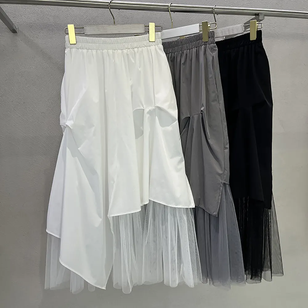 Irregular Mesh Splicing Pleated Skirts for Women Summer Chic Design Elastic Waist A-Line Mid-Length Skirts 2026 New Casual Skirt
