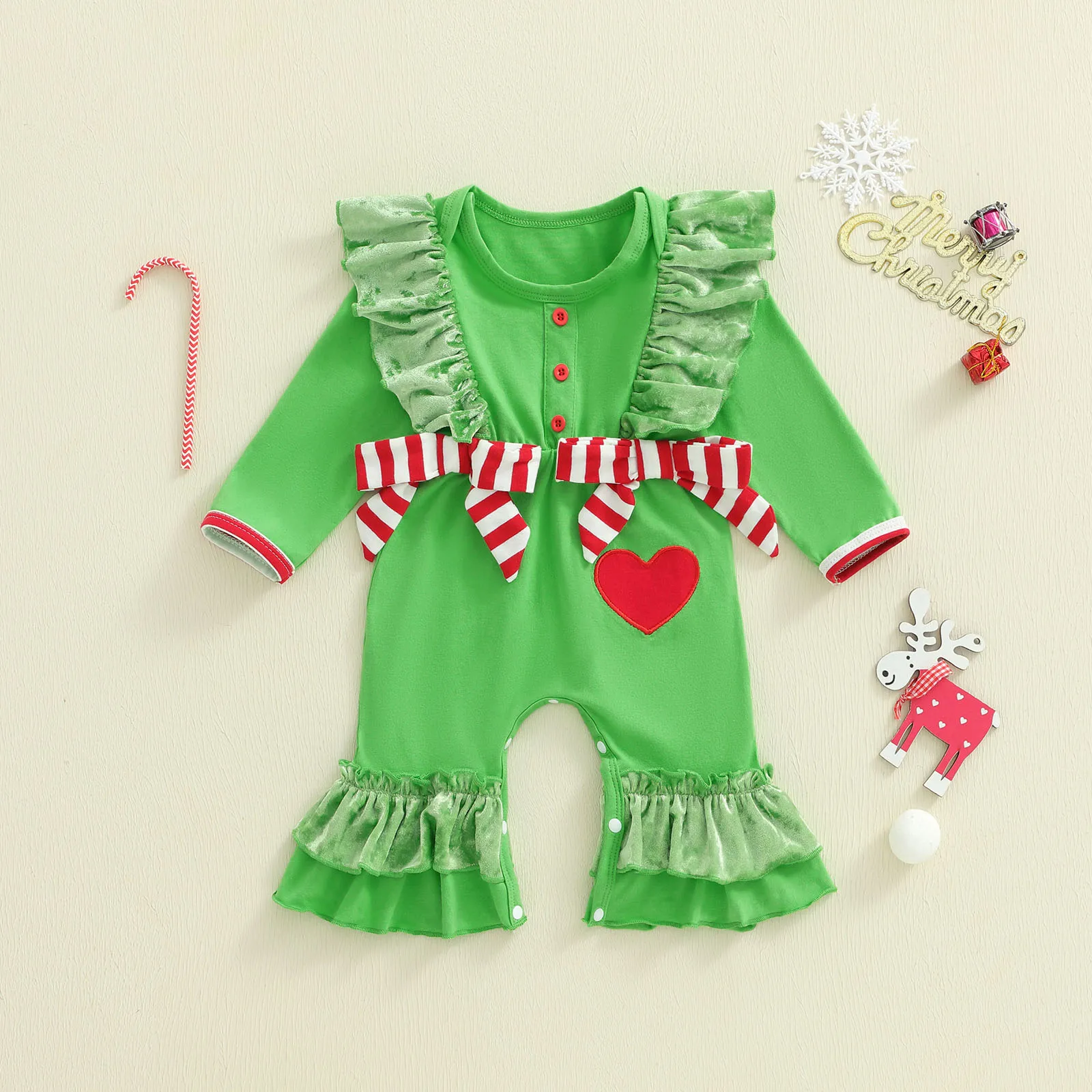 

Tregren 0-18M Infant Newborn Baby Girl Christmas Romper Green Long Sleeve O Neck Jumpsuit with Bow Decor