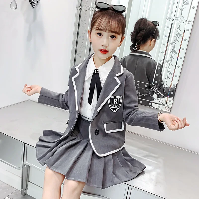 Girls Clothes Set Gray School Formal Western Suit Pleated Skirt For Uniforms For 4 5 6 7 8 9 10 11 12 Years Kids Girls Outfit