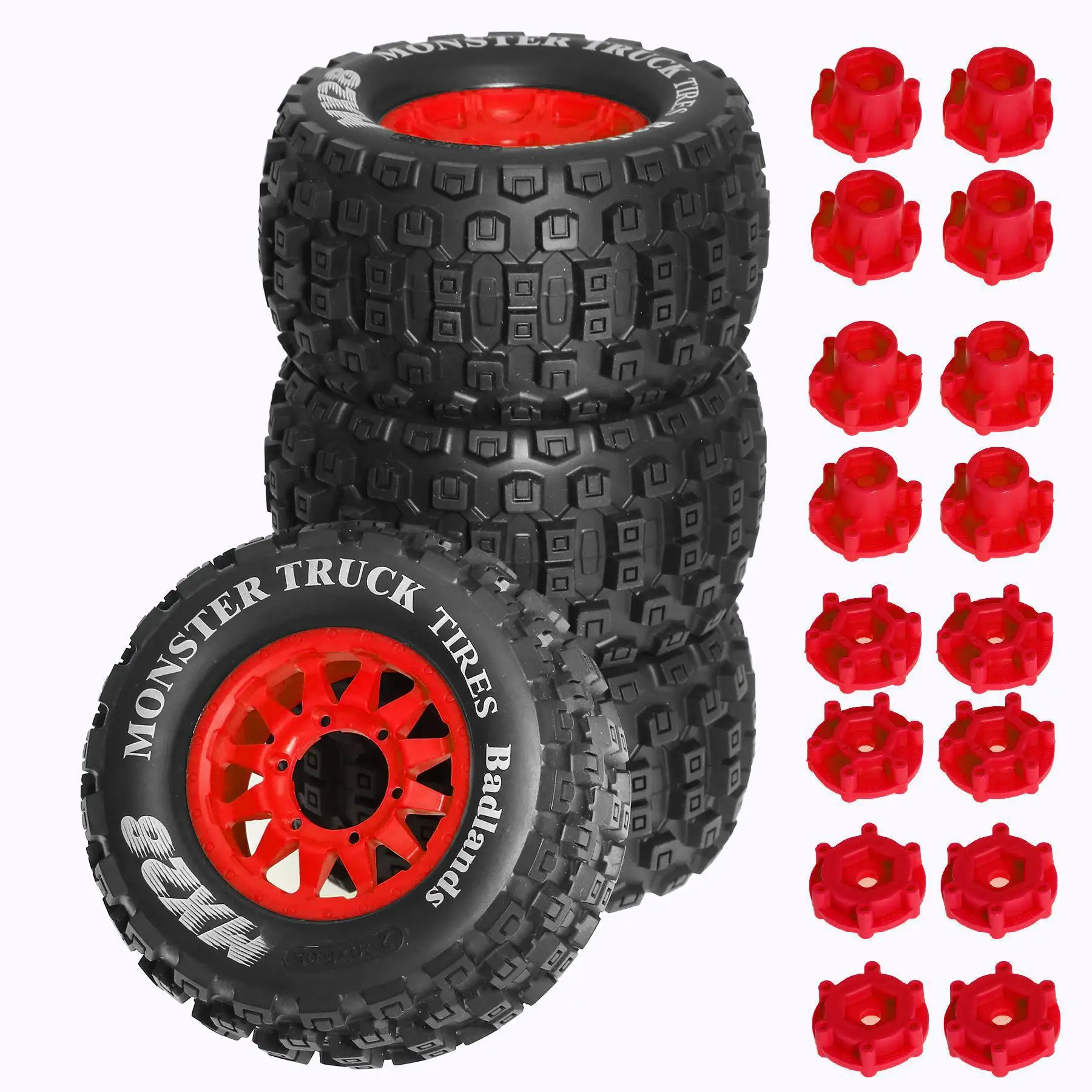 

1/10 RC Monster Truck Tires and Wheels Set Grippy Durable Tread Compatible Hex Hub Replacement for Crawler Off Road Vehicle
