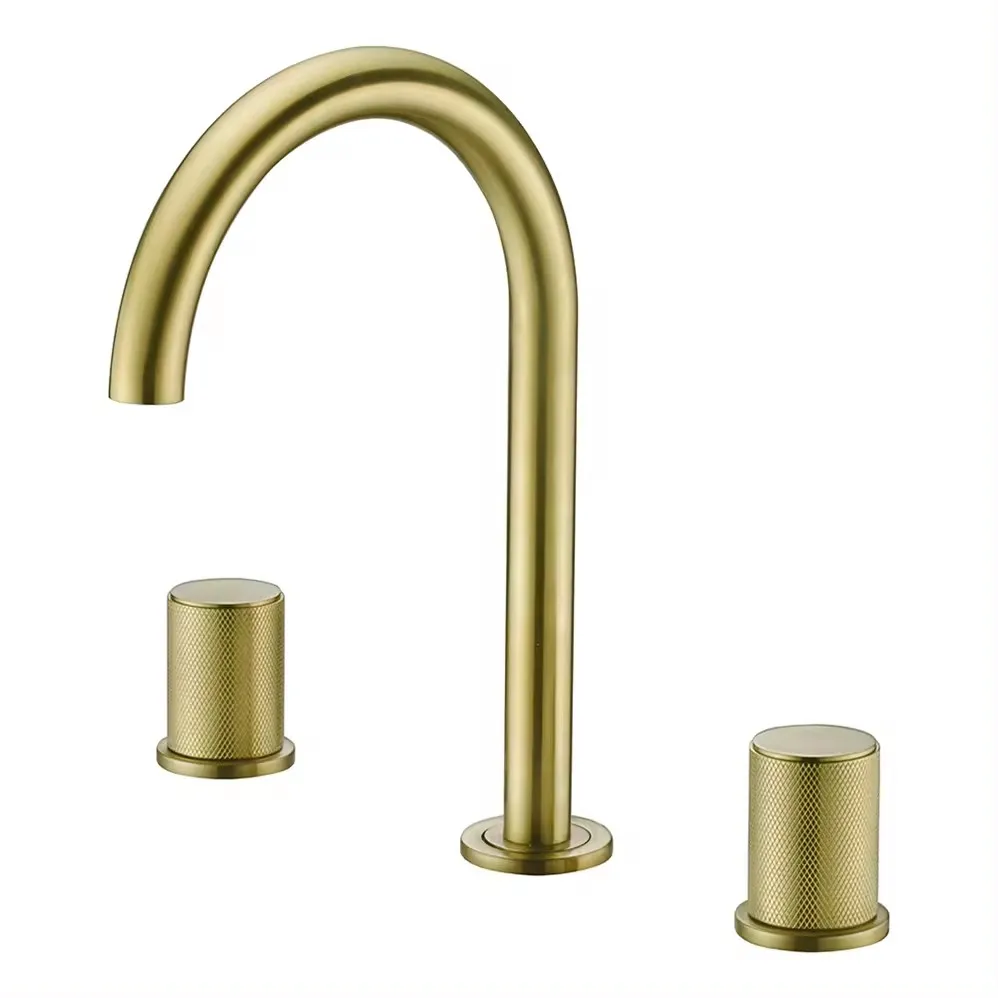 

Luxury Brushed Gold Brass Bathroom sink faucet 3 Hole 2 Handle High Quality Hot cold water wash basin Tap Modern washbowl Faucet